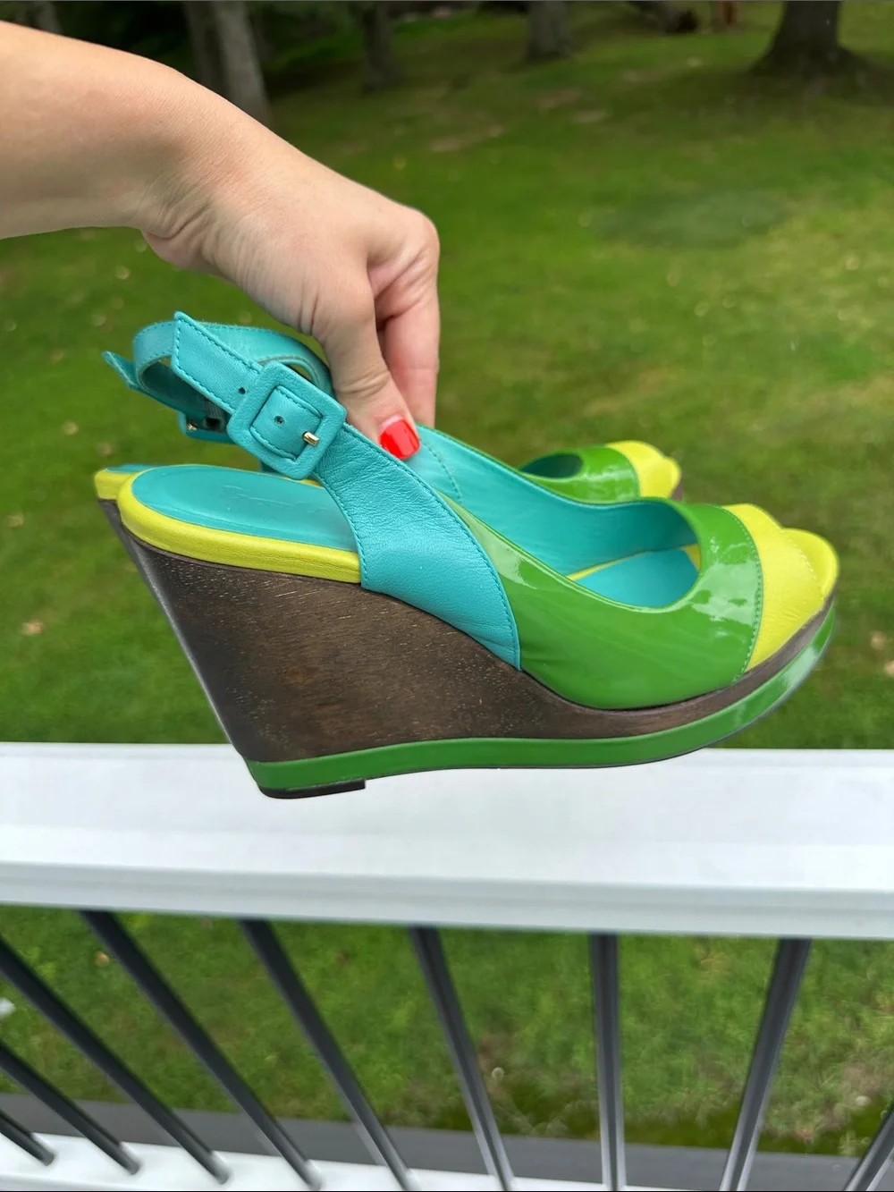Boden Colorblock Patent Leather Slingback Wedge Sandals Green Blue Yellow